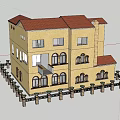 Detached Villa With Yellow Exterior Red Roof Terrace Pergola Greenery Courtyard And Tables Chairs