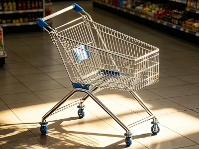 Empty Metal Shopping Cart With Blue Wheels In Supermarket Aisle 3d model