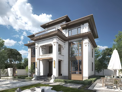 Modern Chinese Detached Villa With White Exterior Brown Roof Garden And Outdoor Patio Seating 3d model
