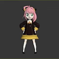 Pink Haired Green Eyed Girl With Cat Ears In Black Yellow Outfit And Bow Tie