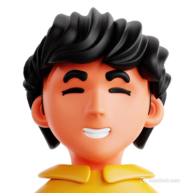 Smiling Cartoon Man With Black Hair Closed Eyes And Yellow Shirt 3d model 