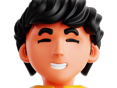 Smiling Cartoon Man With Black Hair Closed Eyes And Yellow Shirt 3d model