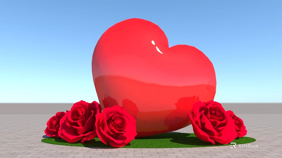 Large Red Heart Shaped Inflatable Decorated With Red Roses On Green Grass Under Blue Sky 3d model 