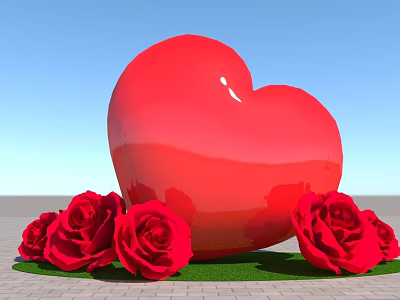 Large Red Heart Shaped Inflatable Decorated With Red Roses On Green Grass Under Blue Sky 3d model