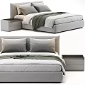 Modern Double Bed Setup With Gray Bedding Pillows And Side Table