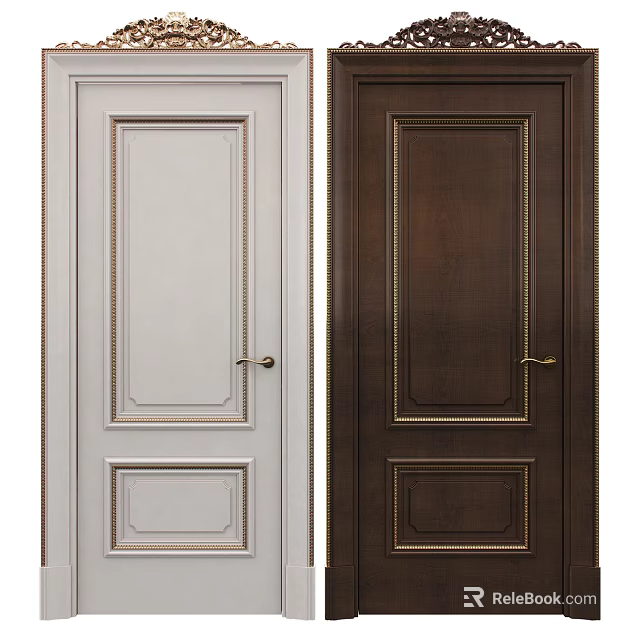 Elegant White And Dark Brown Swing Door With Decorative Trim Panel Design And Brass Handle 3d model 