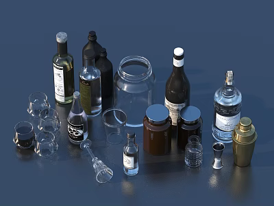 Different Types Of Alcohol Bottles And Drinking Glasses Arranged On Dark Surface 3d model