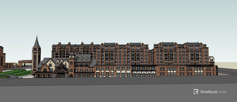 Multi Story Building Complex Featuring Red Brick Facade And Varied Architectural Designs 3d model