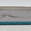 Decorative Feature Wall With Mountain Pattern Two Figures And Wooden Slats Against Blue Sky