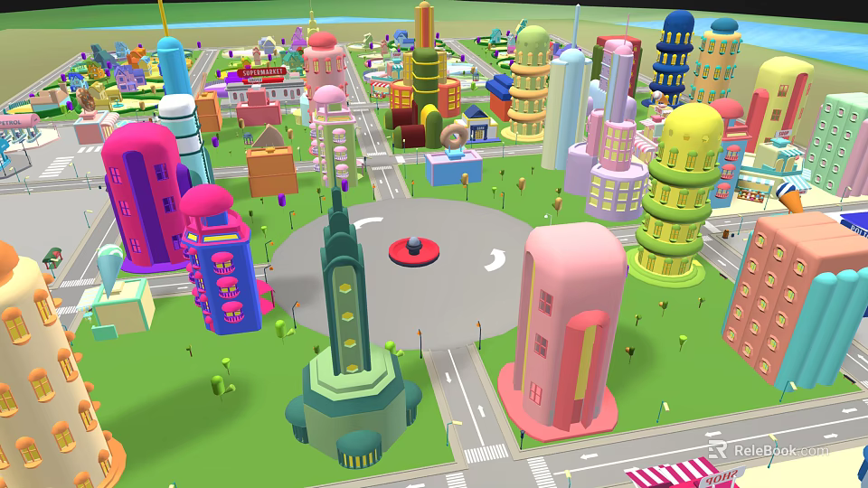 Cartoon City Landscape With Colorful Buildings Various Shaped Skyscrapers And Green Lawns 3d model 