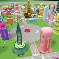 Cartoon City Landscape With Colorful Buildings Various Shaped Skyscrapers And Green Lawns