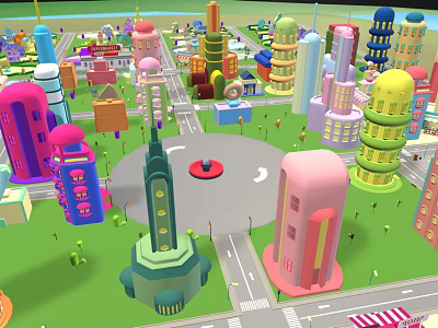 Cartoon City Landscape With Colorful Buildings Various Shaped Skyscrapers And Green Lawns 3d model