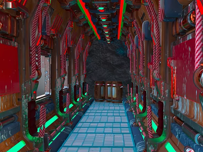 Futuristic Building Corridor Featuring Metallic Structures Colored Lights And Blue Tiled Floor 3d model
