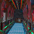 Futuristic Building Corridor Featuring Metallic Structures Colored Lights And Blue Tiled Floor