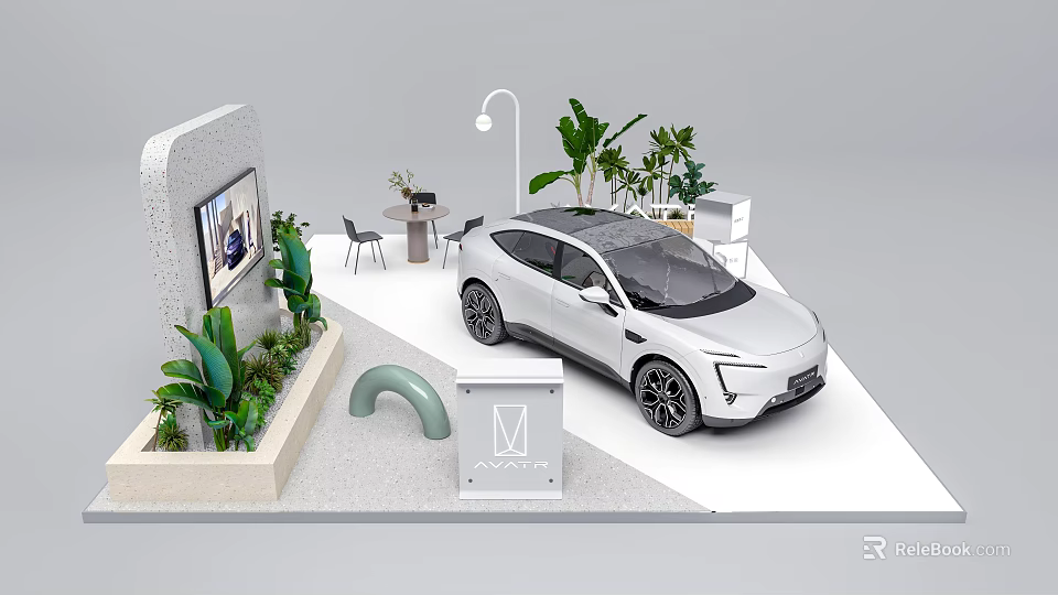 Modern Exhibition Booth with White Car Green Plants Display Screen and Brand Logo 3d model 