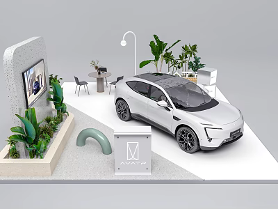 Modern Exhibition Booth with White Car Green Plants Display Screen and Brand Logo 3d model