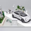 Modern Exhibition Booth with White Car Green Plants Display Screen and Brand Logo