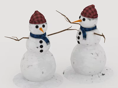 Two Snowmen With Red Plaid Hats Blue Scarves Stick Arms Carrot Noses And Black Buttons 3d model