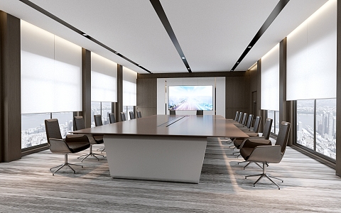 Conference table and chair combination in large conference room 3d model