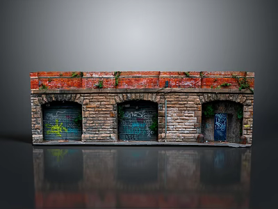 Urban Vintage Building Facade With Red Brick Stone Arches Moss And Graffiti Art 3d model