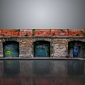 Urban Vintage Building Facade With Red Brick Stone Arches Moss And Graffiti Art