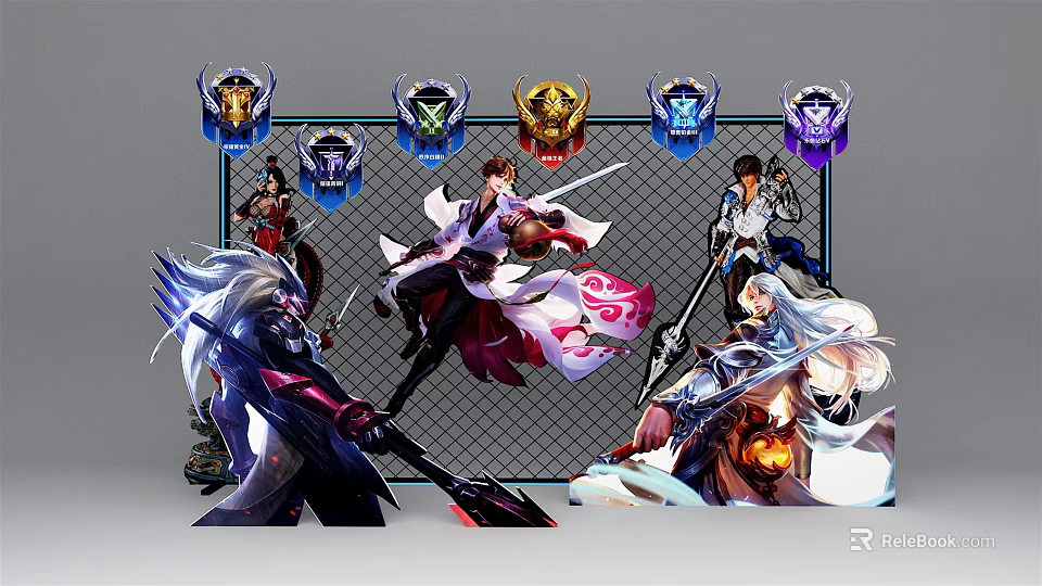 Popular Game Characters Photo Spot With Colorful Badges And Action Poses 3d model 