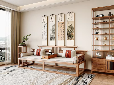 Traditional Chinese Wooden Daybed with Red and White Cushions Scroll Paintings and Side Shelves 3d model