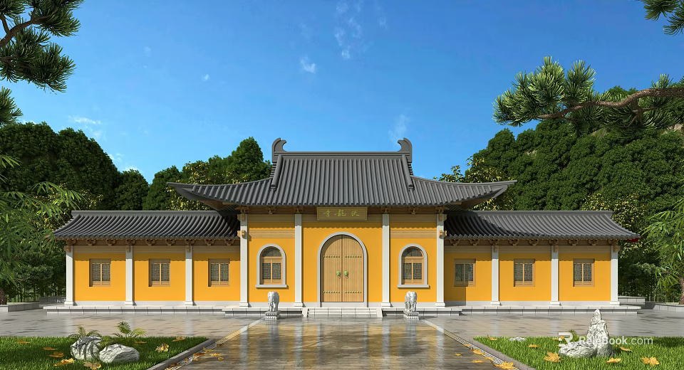 Traditional Chinese Ancient Building with Yellow Walls Black Roof Eaves and Courtyard Surrounded by Trees 3d model 