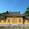 Traditional Chinese Ancient Building with Yellow Walls Black Roof Eaves and Courtyard Surrounded by Trees