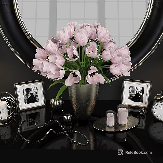 Elegant Decorative Ornaments Combination with Pink Tulips Framed Photos Candles and Metal Spheres 3d model 