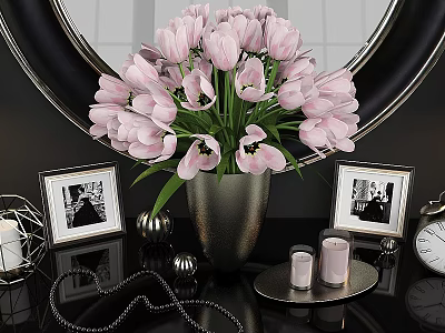 Elegant Decorative Ornaments Combination with Pink Tulips Framed Photos Candles and Metal Spheres 3d model