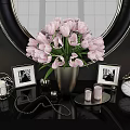 Elegant Decorative Ornaments Combination with Pink Tulips Framed Photos Candles and Metal Spheres