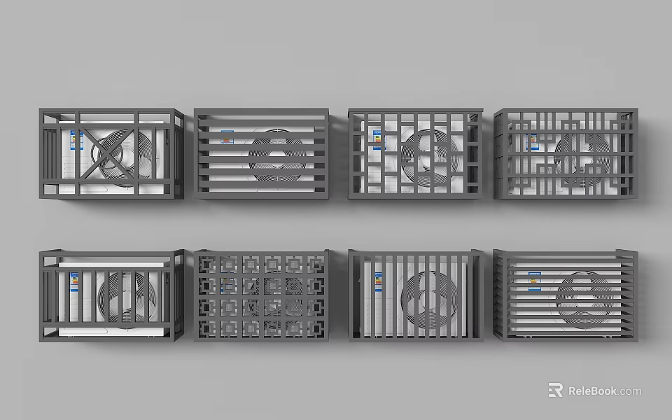 Metal Fences Featuring Various Grid Striped and Circular Cutout Designs Displayed in Rows 3d model 