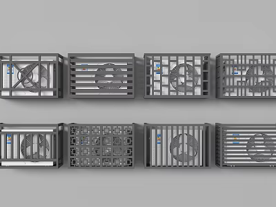 Metal Fences Featuring Various Grid Striped and Circular Cutout Designs Displayed in Rows 3d model