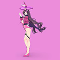 Woman With Black Wings And Pink Outfit Wearing Halo On Head Against Pink Background