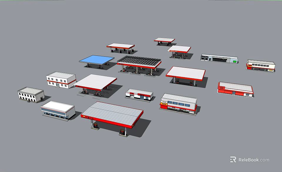Various Gas Station Structures Including Canopies Buildings And Vehicles 3d model 