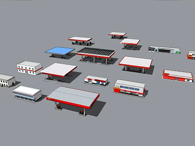 Various Gas Station Structures Including Canopies Buildings And Vehicles 3d model