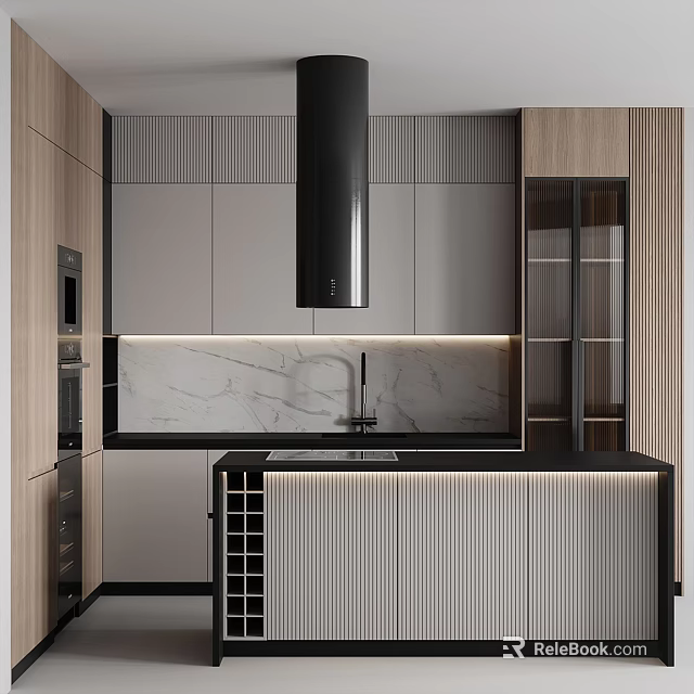 Elegant Modern Kitchen Interior With Marble Countertop Island And Cabinets 3d model 