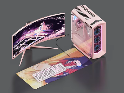 Anime Themed Gaming PC Setup With Pink Transparent Case Curved Monitor Keyboard And Mouse Pad 3d model