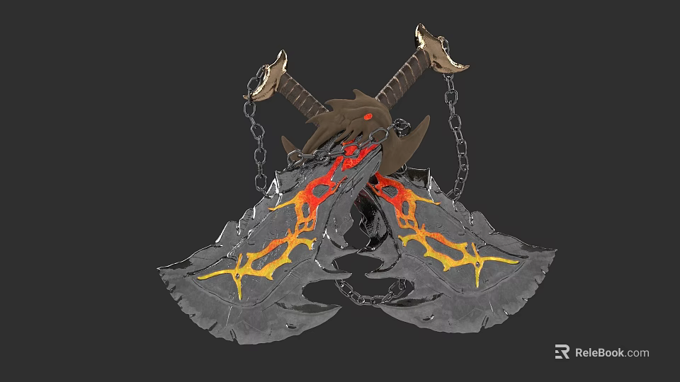 Detailed Flame Pattern Weapon Axe with Red Yellow Flames and Metallic Chains 3d model 