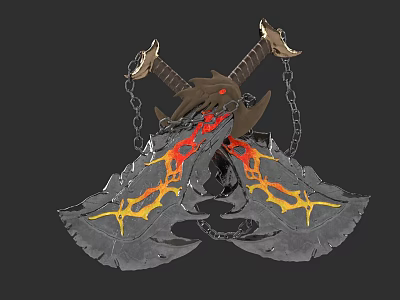 Detailed Flame Pattern Weapon Axe with Red Yellow Flames and Metallic Chains 3d model