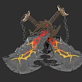 Detailed Flame Pattern Weapon Axe with Red Yellow Flames and Metallic Chains