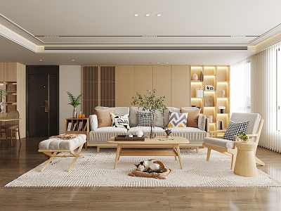 Log Japanese Living Room Sofa Background Wall Sofa Coffee Table Combination Single Sofa Dining Table and Chair model