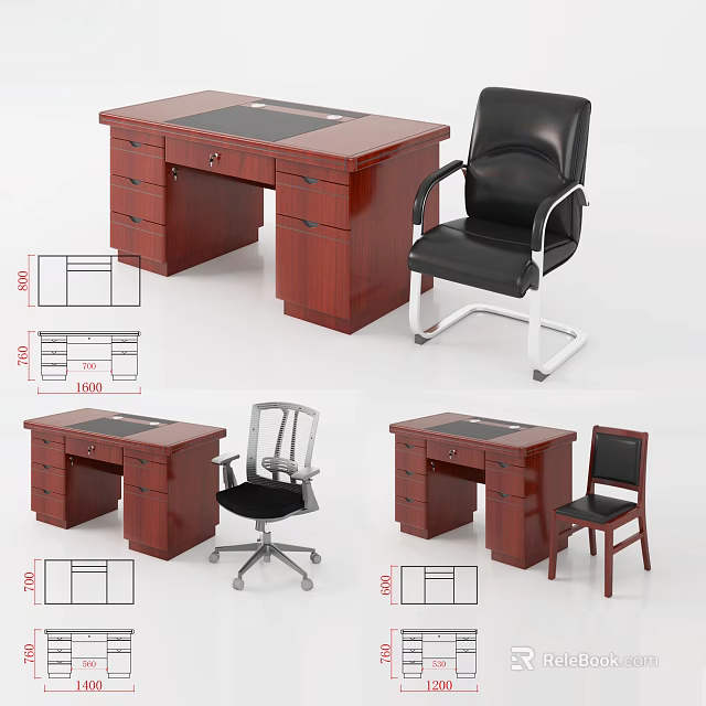 Wooden Office Desk With Drawers And Multiple Chair Styles For Workspace Setup 3d model 