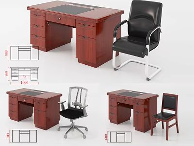 Wooden Office Desk With Drawers And Multiple Chair Styles For Workspace Setup 3d model