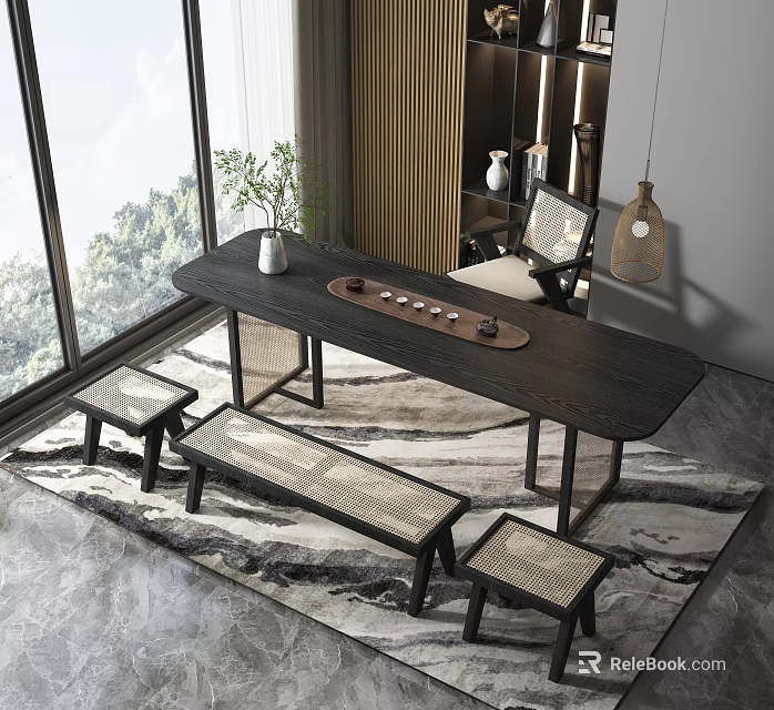 Elegant Dark Wooden Tea Table and Chairs with Bench Stools Tea Set and Window View 3d model 