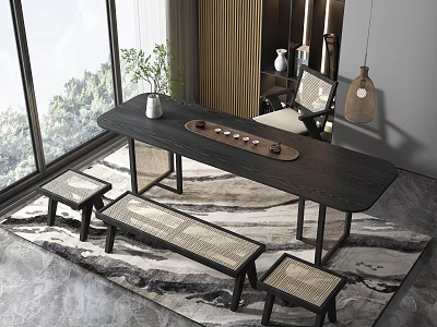 Elegant Dark Wooden Tea Table and Chairs with Bench Stools Tea Set and Window View 3d model