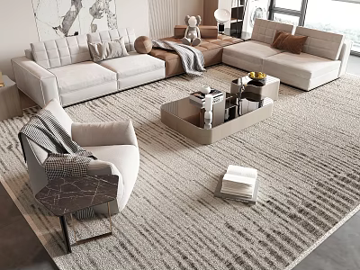 Elegant Modern Living Room Sofa Coffee Table Set With Accent Chair And Decorative Rug 3d model