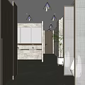 Modern Public Restroom With Wooden Partitions Marble Flooring Washbasins Urinal And Green Plant