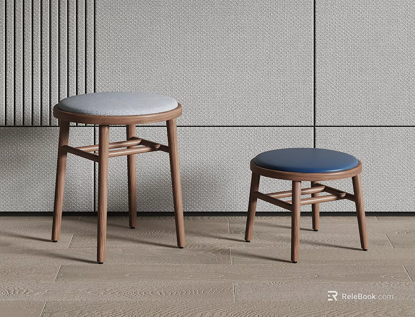 Modern Minimalist Wooden Stools With Light Gray And Blue Seats Against Neutral Wall And Floor 3d model 